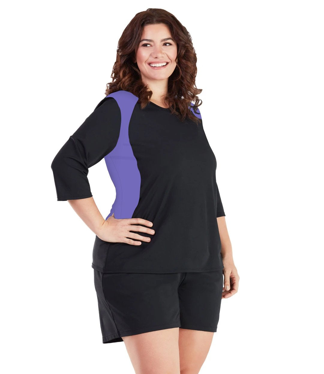 AquaSport Three Quarter Sleeve Rash Guard - Purple and Black-Swim Tops-SFO Apparel-XL-Purple/Black-JunoActive